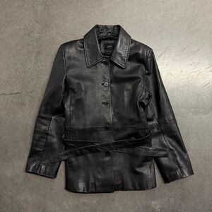 Xtrem Womens Black Leather Belted Button Front Jacket Size XL Coat